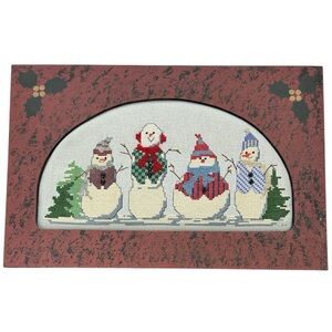 Vtg Handmade Completed Cross Stitch Snowmen Winter Holiday Scene Framed No Glass